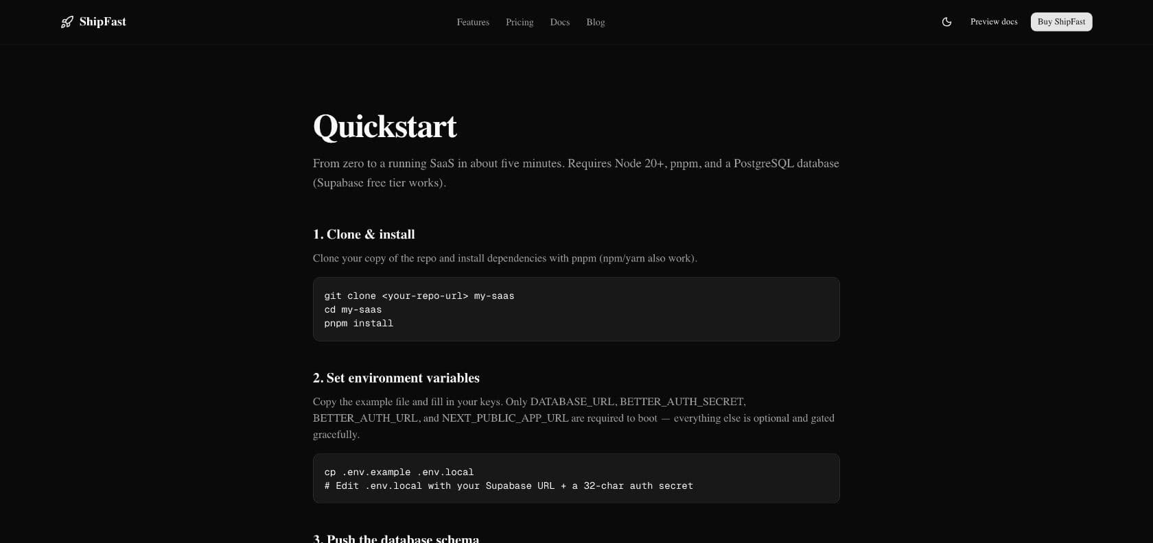 ShipFast quickstart documentation with installation and environment setup steps